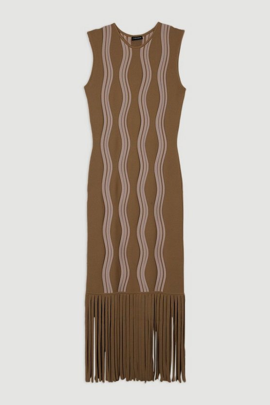 Contrast Wave Knit Dress With Fringing