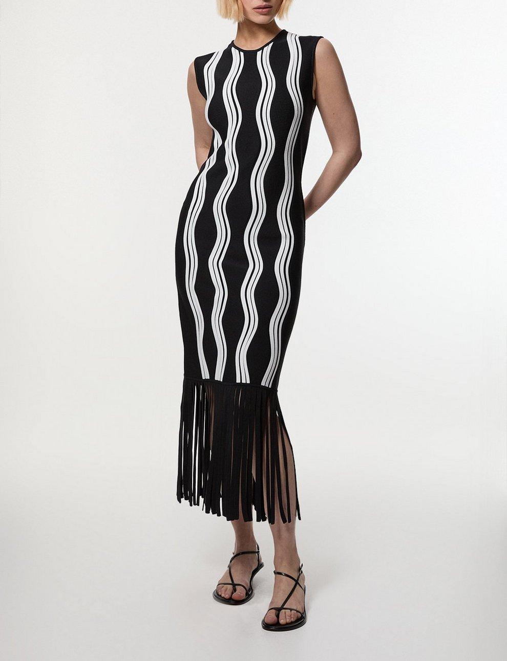 Contrast Wave Knit Dress With Fringing