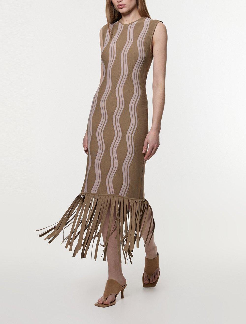 Contrast Wave Knit Dress With Fringing