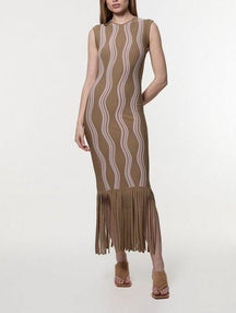 Contrast Wave Knit Dress With Fringing
