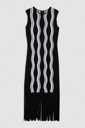 Contrast Wave Knit Dress With Fringing