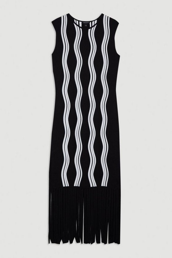 Contrast Wave Knit Dress With Fringing