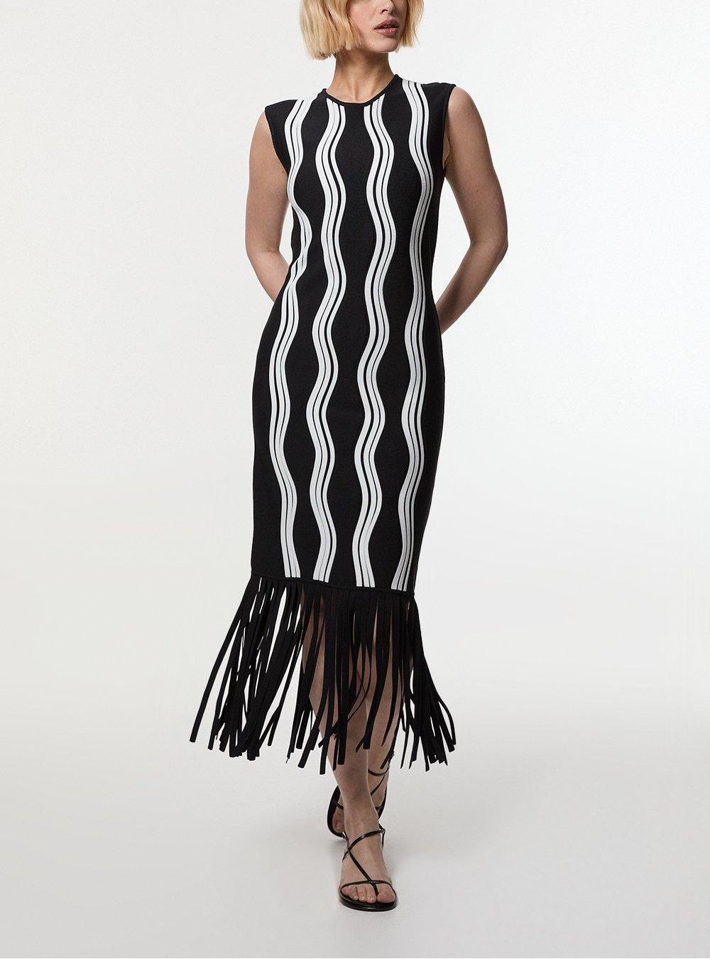 Contrast Wave Knit Dress With Fringing