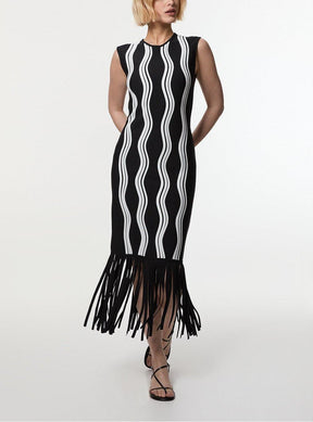 Contrast Wave Knit Dress With Fringing