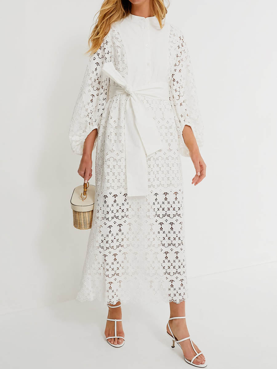 Lace Patchwork Puff Sleeve Belted Maxi Dress
