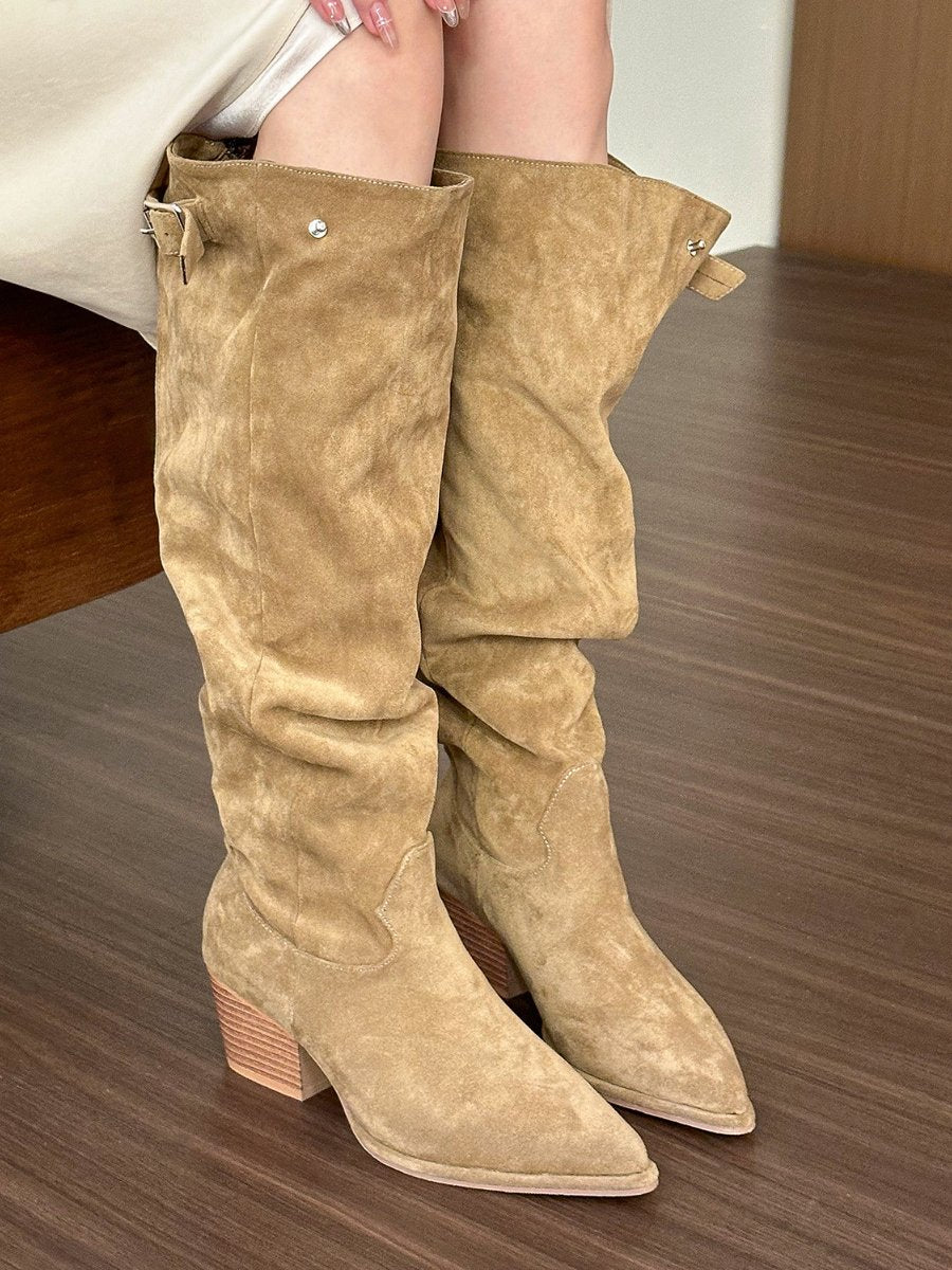 Khaki pointed toe thick heel boots for women